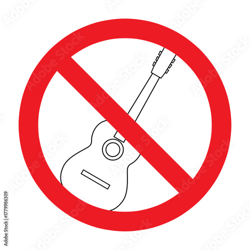 ギターを赤い禁止マークで囲んだ演奏禁止のピクトグラムデザイン（ベクター）