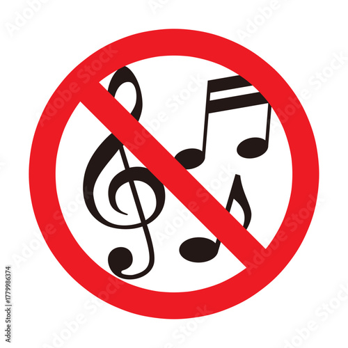 ト音記号と音符を赤い禁止マークで囲んだ演奏禁止の標識アイコン（ベクター素材）