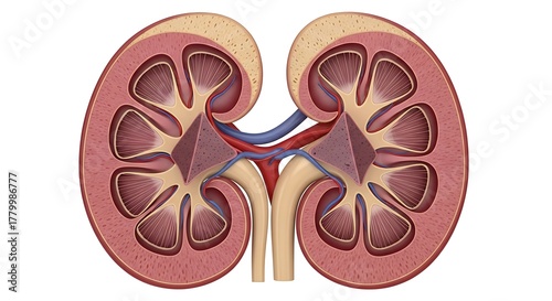 Detailed Cross-Section of Human Kidneys Illustrating Internal Anatomy.