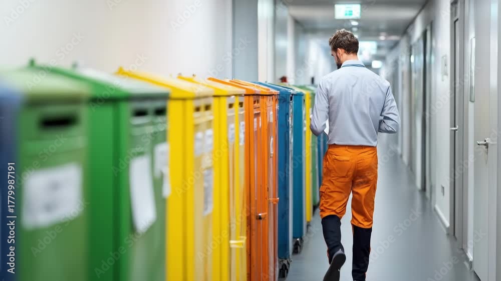 Medium shot of a technician examining sorted waste bins in a school hallway analyzing recycling and trash output for sustainability improvements.