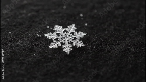 Falling Snowflake, Nature Close-Up, Winter Scene, Macro Photography, Serene Environment, Top-Down View, Seasonal Concept