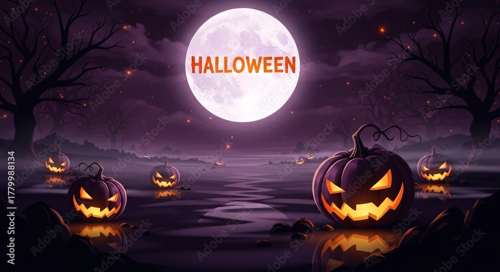 Fototapeta premium Spooky Halloween scene featuring glowing jack-o'-lanterns under a full moon.