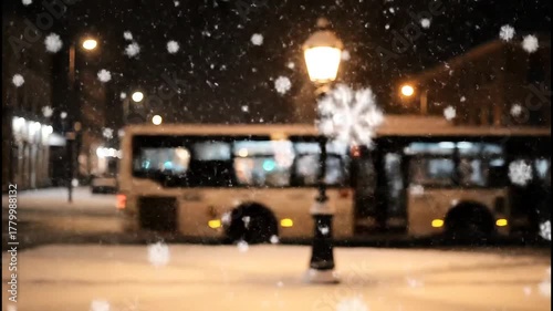 Nighttime Snowfall Action, Bus Transport, Urban City, Image Capture, Cozy Environment, Side View, Winter Concept