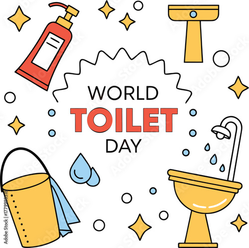 World Toilet Day Illustration ? Cheerful Cartoon Bathroom Items with Vibrant Text.