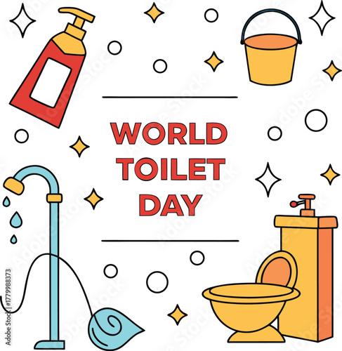 Celebrate World Toilet Day , Flat Design with Colorful Bathroom Essentials.