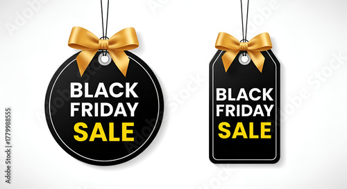 Black friday sale tag with golden bow for your design. Vector set of discount labels