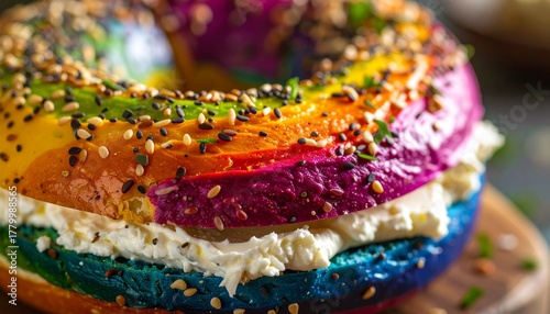 Extreme close up low angle view of rainbow bagel with colorful dough layers cream cheese spread and mixed seeds on wooden surface with dark background