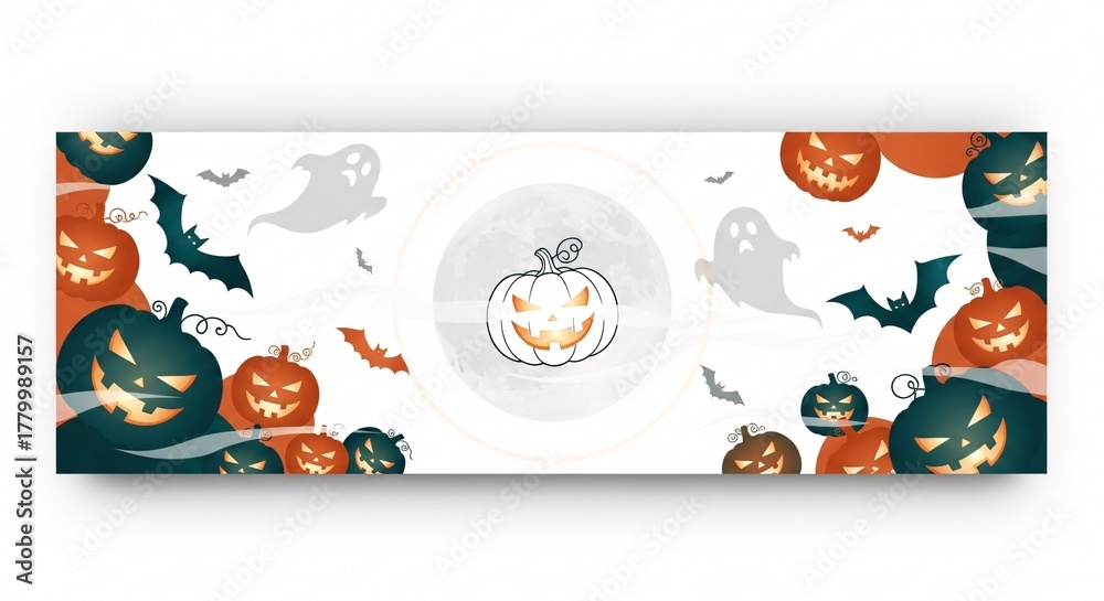 Fototapeta premium Halloween-themed banner design featuring pumpkins, ghosts, and bats, centered on a full moon.