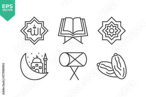 Set Of Ramadan Line Icons. The set includes a Islam, Mosque, Fasting, Quran, Worship, Religion, Crescent, Prayer, Donation, Hampers, and more.