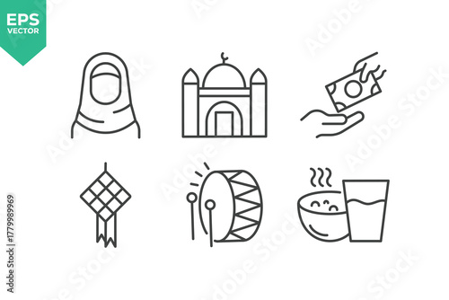 Set Of Ramadan Line Icons. The set includes a Islam, Mosque, Fasting, Quran, Worship, Religion, Crescent, Prayer, Donation, Hampers, and more.