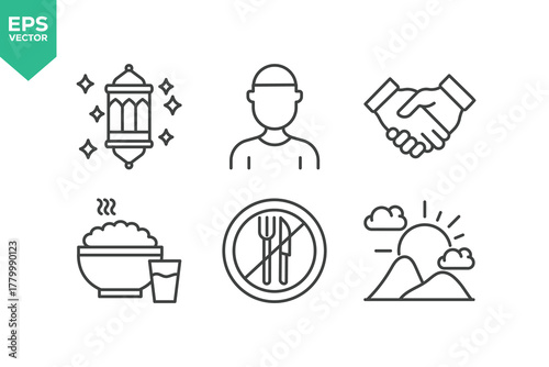 Set Of Ramadan Line Icons. The set includes a Islam, Mosque, Fasting, Quran, Worship, Religion, Crescent, Prayer, Donation, Hampers, and more.