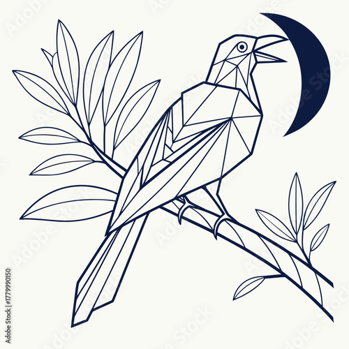 Geometric bird on branch with moon
