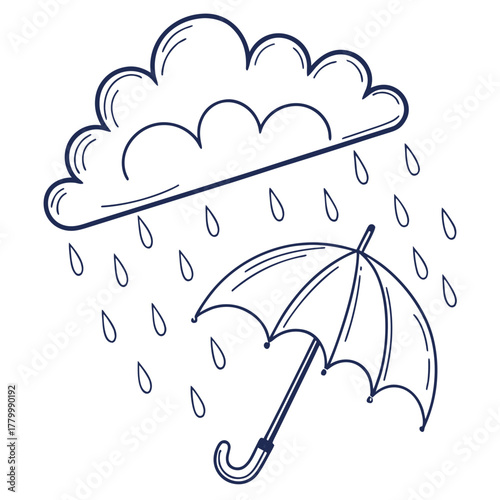 Hand drawn cloud with rain and umbrella