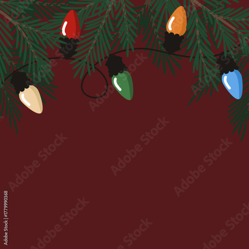 Świąteczne tło z gałązkami choinkowymi i sznurem kolorowych lampek.	