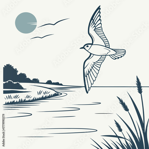 Seagull soars above the tranquil river landscape, a serene nature scene