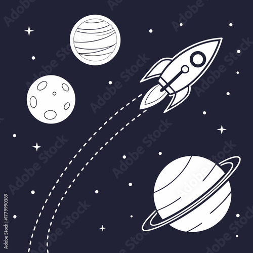 Rocket flies through space with planets, a cosmic adventure illustration