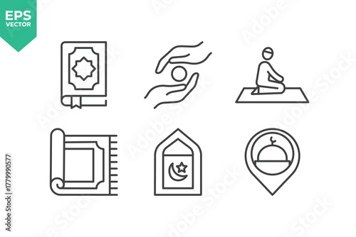 Set Of Ramadan Line Icons. The set includes a Islam, Mosque, Fasting, Quran, Worship, Religion, Crescent, Prayer, Donation, Hampers, and more.