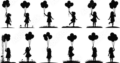 Silhouette girl with balloons, playful poses, grassy field, childhood joy, outdoor fun, whimsical art, freedom, innocence, black figure, nature scene