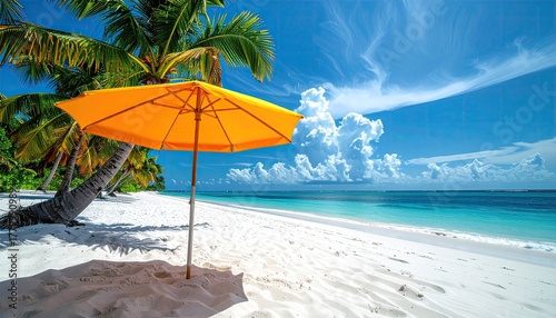 Fototapeta Naklejka Na Ścianę i Meble -  Bright Orange Beach Umbrella Stands On A White Sand Beach Next To Palm Trees With Turquoise Water And Blue Sky