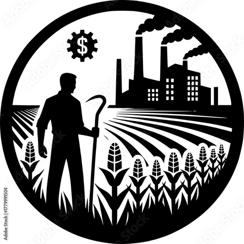 Industry Silhouette: A conceptual illustration depicting the interplay of agriculture and industry, with a farmer and a factory forming a striking contrast.