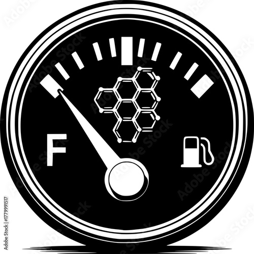 Fuel Gauge Emblem: An evocative black and white image of a fuel gauge, featuring a prominent needle pointing towards F and a unique fuel symbol, set against a classic automotive design.