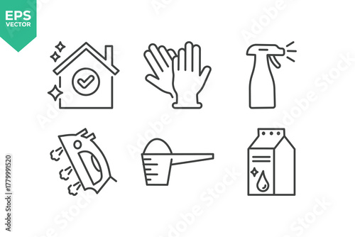 Set Of Cleaning Service Icons. Set contains such icons as Cleaning Cloth, Broom, Floor Cleaner, Disinfectant, Glass Cleaner, Scrub Brush, Toilet, Guaranteed Clean, Trash can, Toilet cleaning, Clean si