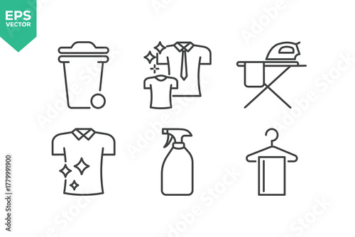 Set Of Cleaning Service Icons. Set contains such icons as Cleaning Cloth, Broom, Floor Cleaner, Disinfectant, Glass Cleaner, Scrub Brush, Toilet, Guaranteed Clean, Trash can, Toilet cleaning, Clean si