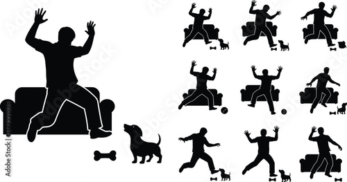 Funny silhouette illustration, man startled by dog, jumping reactions, pet interaction, humorous scene, black figure, cartoon style, dog behavior, comic moment