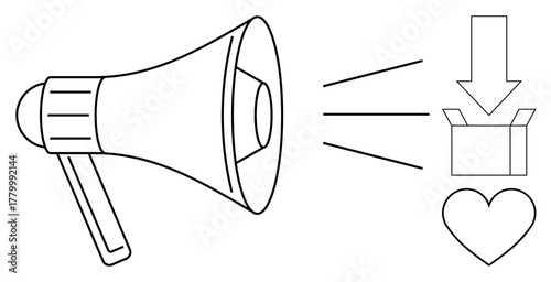 Loudspeaker emitting sound, arrows pointing to a box and heart signifying marketing, distribution, and emotional connection. Ideal for advertising, communication, engagement, feedback, branding