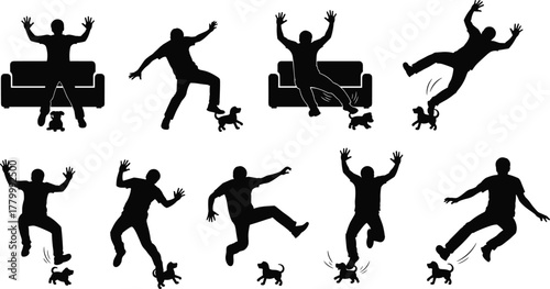 Funny silhouette illustration, man attacked by dog, dramatic reaction, pet aggression, cartoon style, black figure, biting scene, humorous moment, comic pain