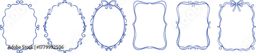 Hand drawn blue decorative frames with ribbon bows, elegant romantic borders, minimalist outline design for cards and invitations