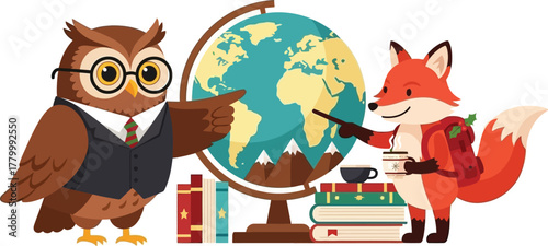 Owl and fox exploring the world together with a globe illustration