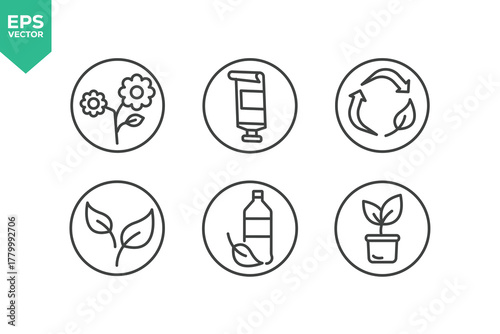 Set Of Natural Organics Line Icons. Contains such icons as GMO Free, Safe For Children, Non Toxic, For All Skin Type, Alcohol Free, Natural Fragrance, and more.