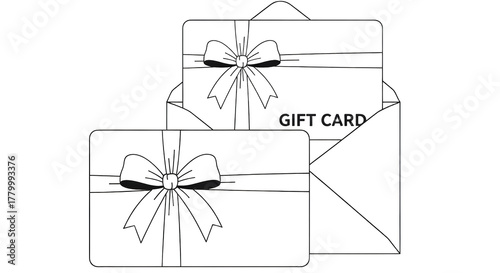 Two Black Outline Gift Cards with White Ribbons Inside Envelopes Isolated Transparent Background