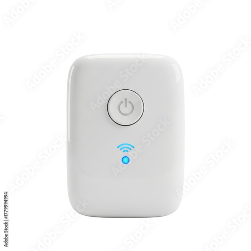 Sleek white portable Wi-Fi router with a round power button and a glowing blue signal indicator.