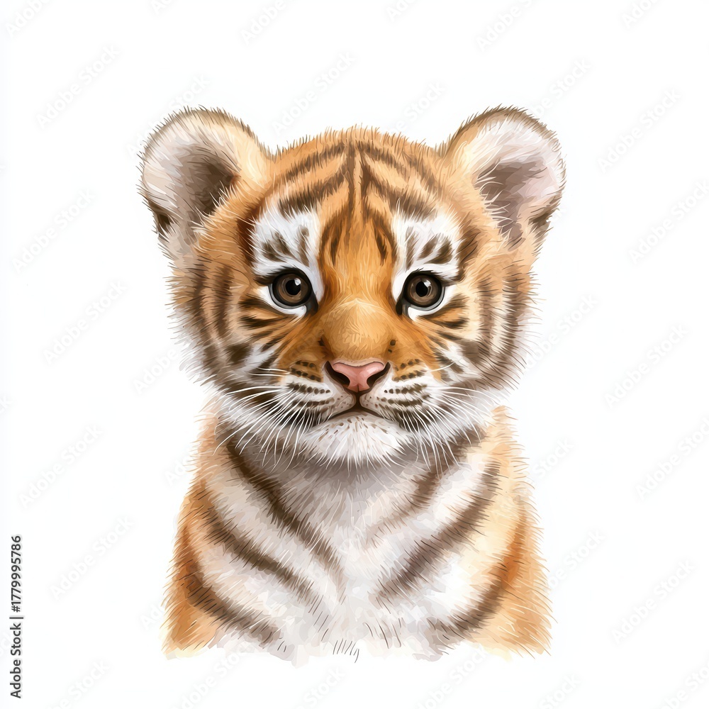 Obraz premium A cute, realistic illustration of a young tiger with distinct orange and black stripes, set against a plain white background.