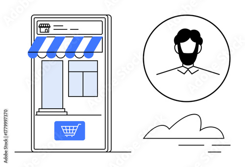 Mobile storefront with striped awning, shopping cart button, user avatar in circular frame, and cloud elements. Ideal for e-commerce, online shopping, mobile apps, customer profiles, digital