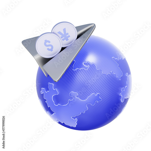 Foto 3D icon of a globe with a paper airplane carrying currency coins For international money transfers, sending funds globally, fast cross-border payments, and global remittance services
