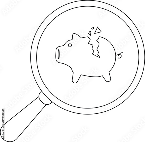 A magnifying glass enlarges a broken piggy bank highlighting financial trouble
