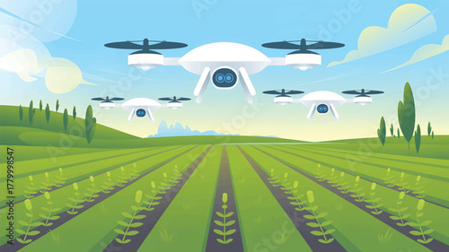 White drones fly over green agricultural fields agriculture