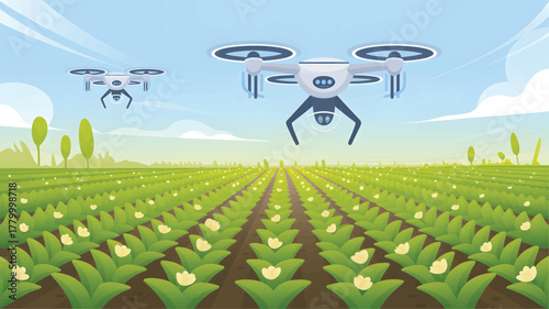 Two drones fly over a green field with rows of plants