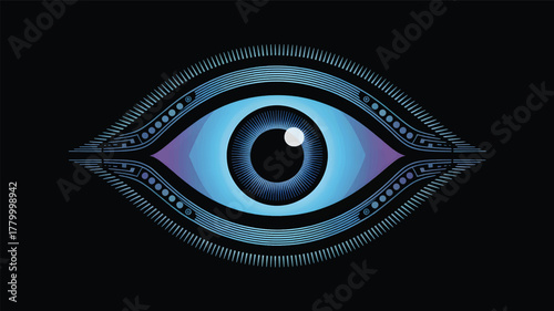 Stylized blue eye with geometric patterns on black background