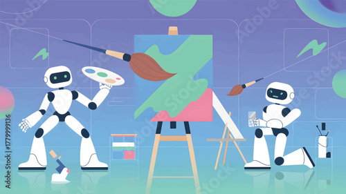 Two robots painting abstract art on canvas with brushes and palettes