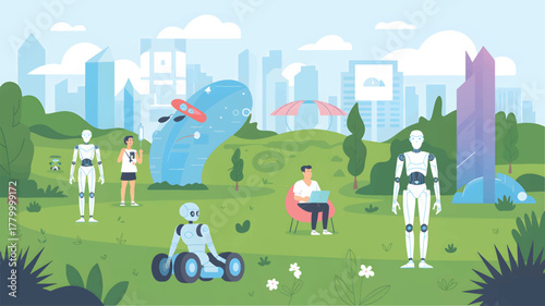 Robots and people in a green park with city skyline