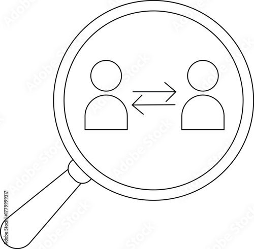 Magnifying glass focuses on two stick figures exchanging information with opposing arrows between them