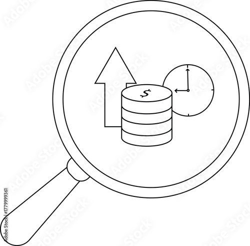 Magnifying glass on money clock and up arrow