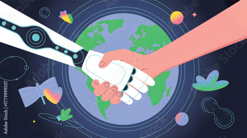 Robot and human hands shaking over planet Earth robot hand
