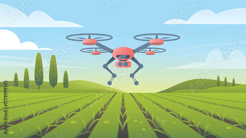 Red drone hovers above green agricultural field and trees