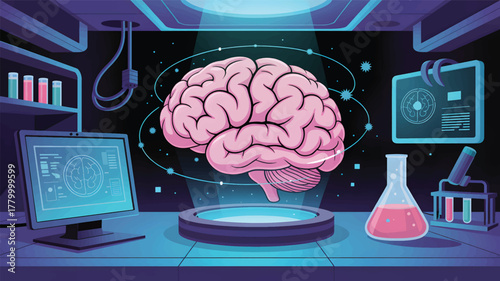 Pink brain levitating in futuristic laboratory with scientific equipment