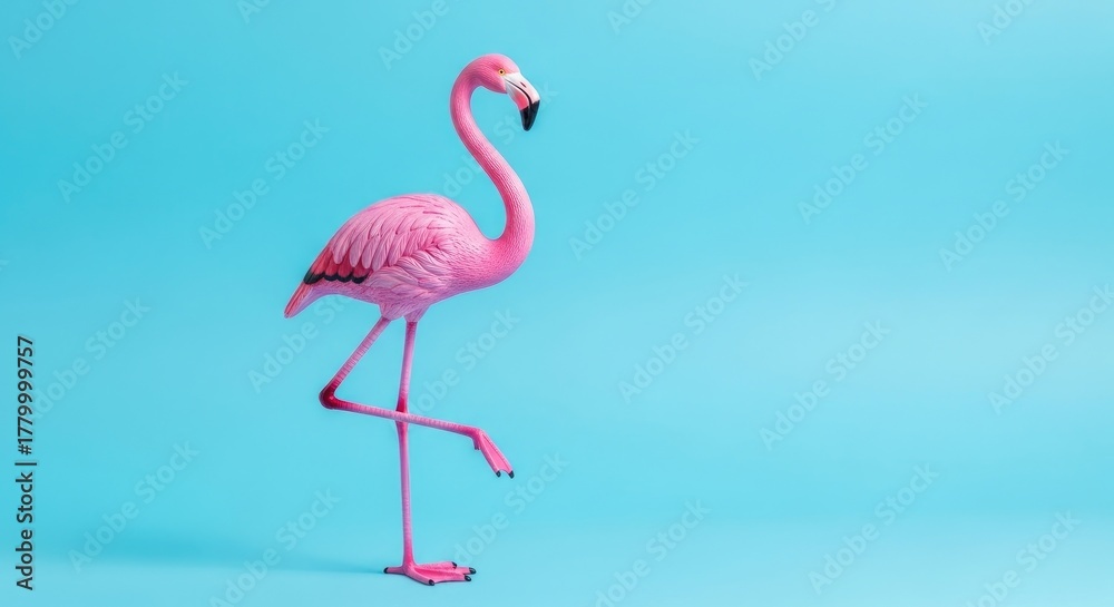 Fototapeta premium Pink Flamingo Standing on One Leg Against a Blue Background.